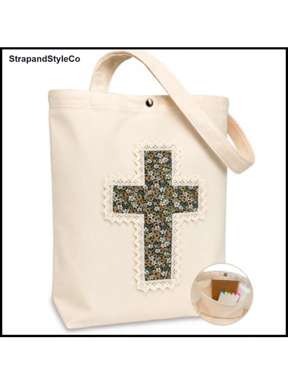Christian Tote Bag Canvas Bible Bag Handmade Floral Cross